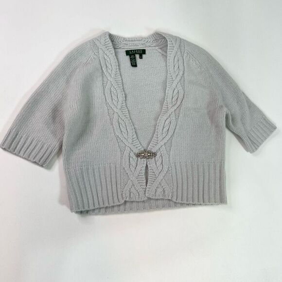 Lauren Ralph Lauren Cardigan Womens Medium Gray Short Sleeve Knit wool angora - Picture 1 of 10